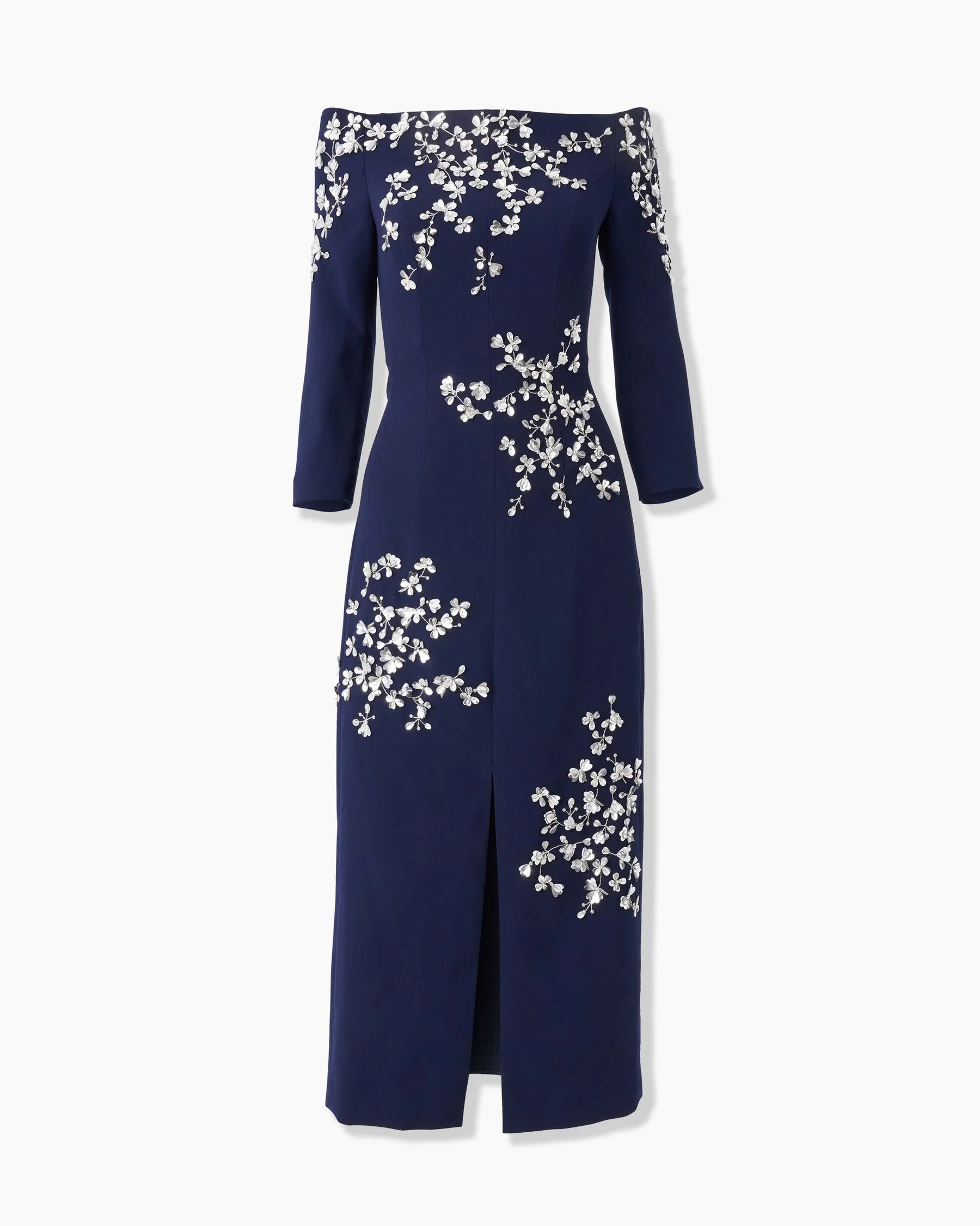 Embroidered Off Shoulder Midi Dress with Front Slit | Midnight