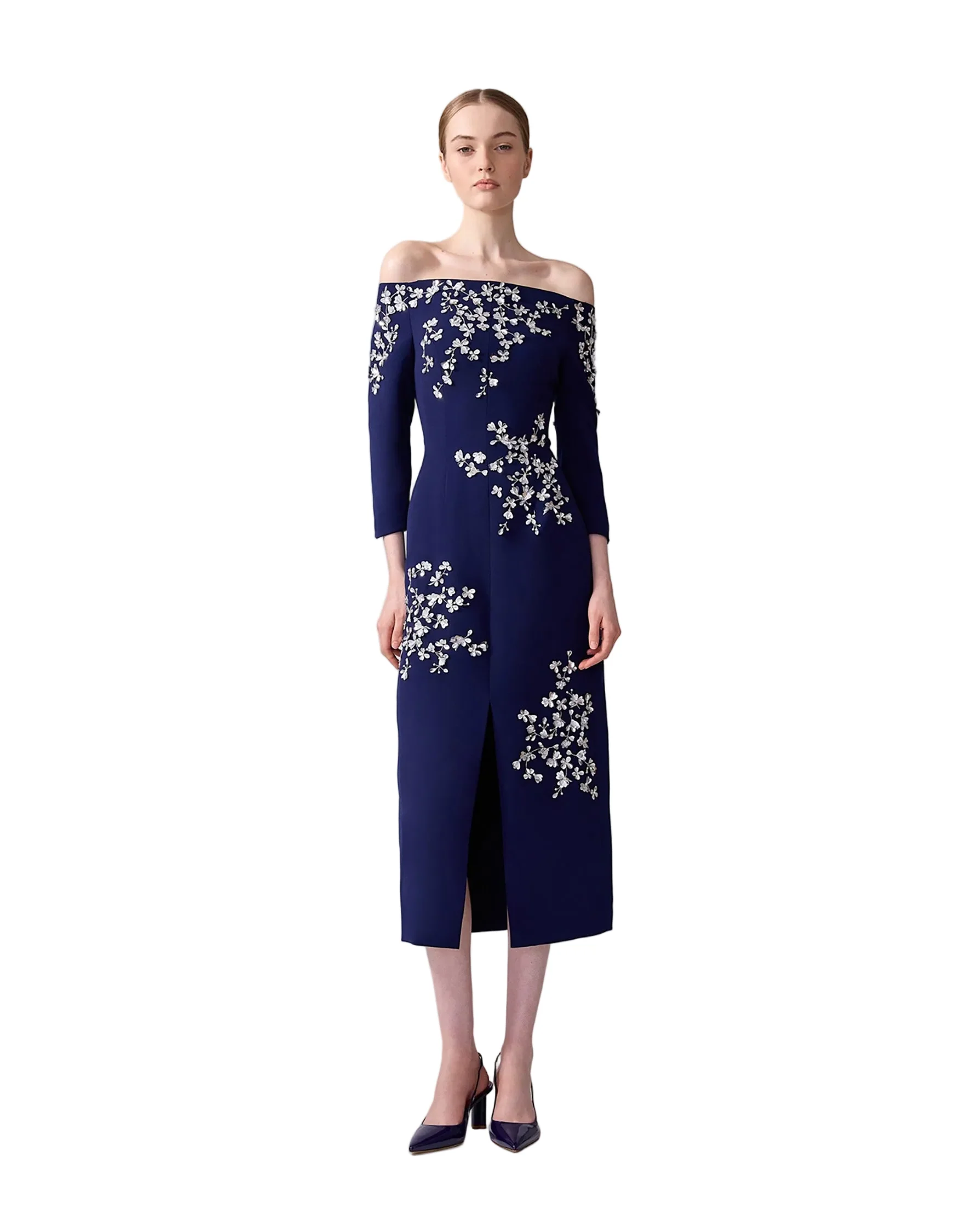 Embroidered Off Shoulder Midi Dress with Front Slit | Midnight - Image 2