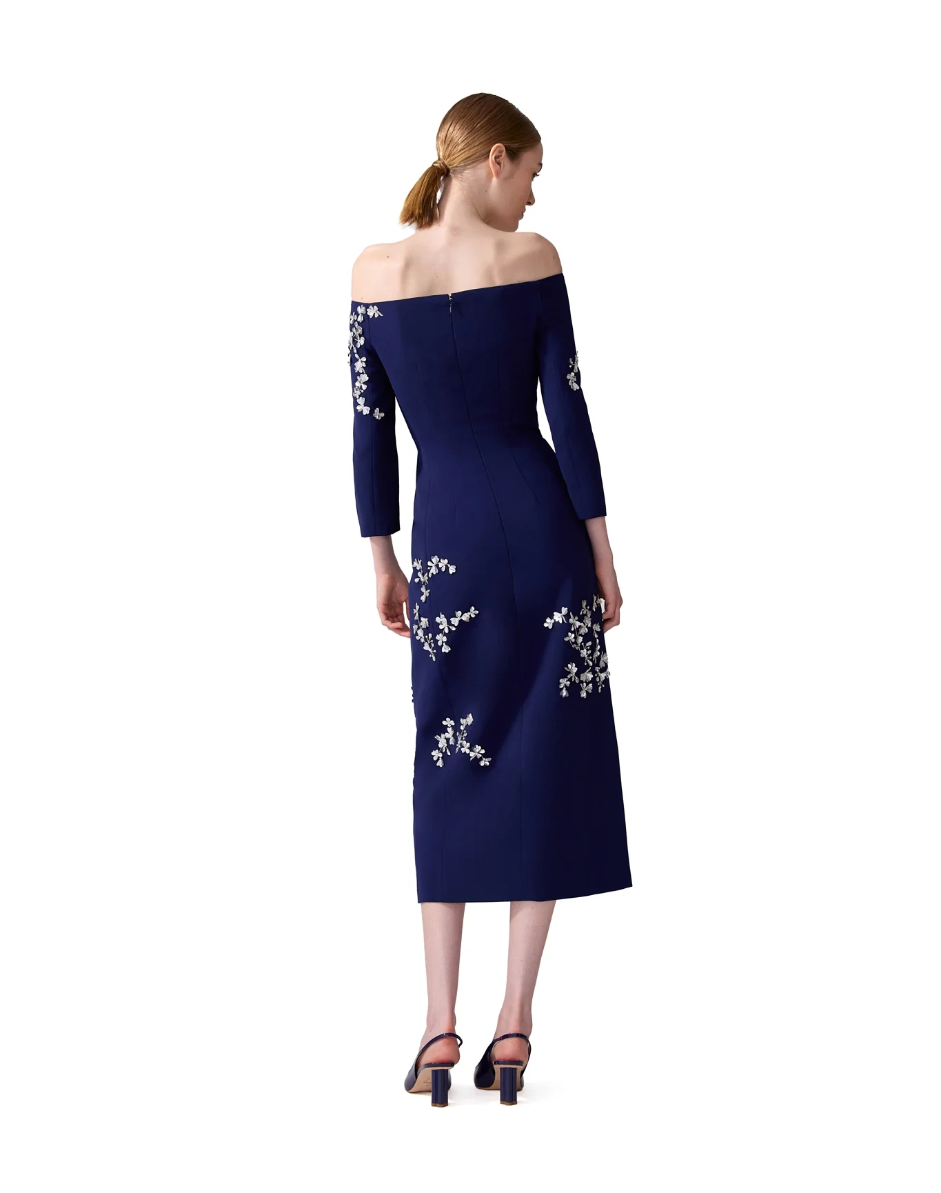 Embroidered Off Shoulder Midi Dress with Front Slit | Midnight - Image 3