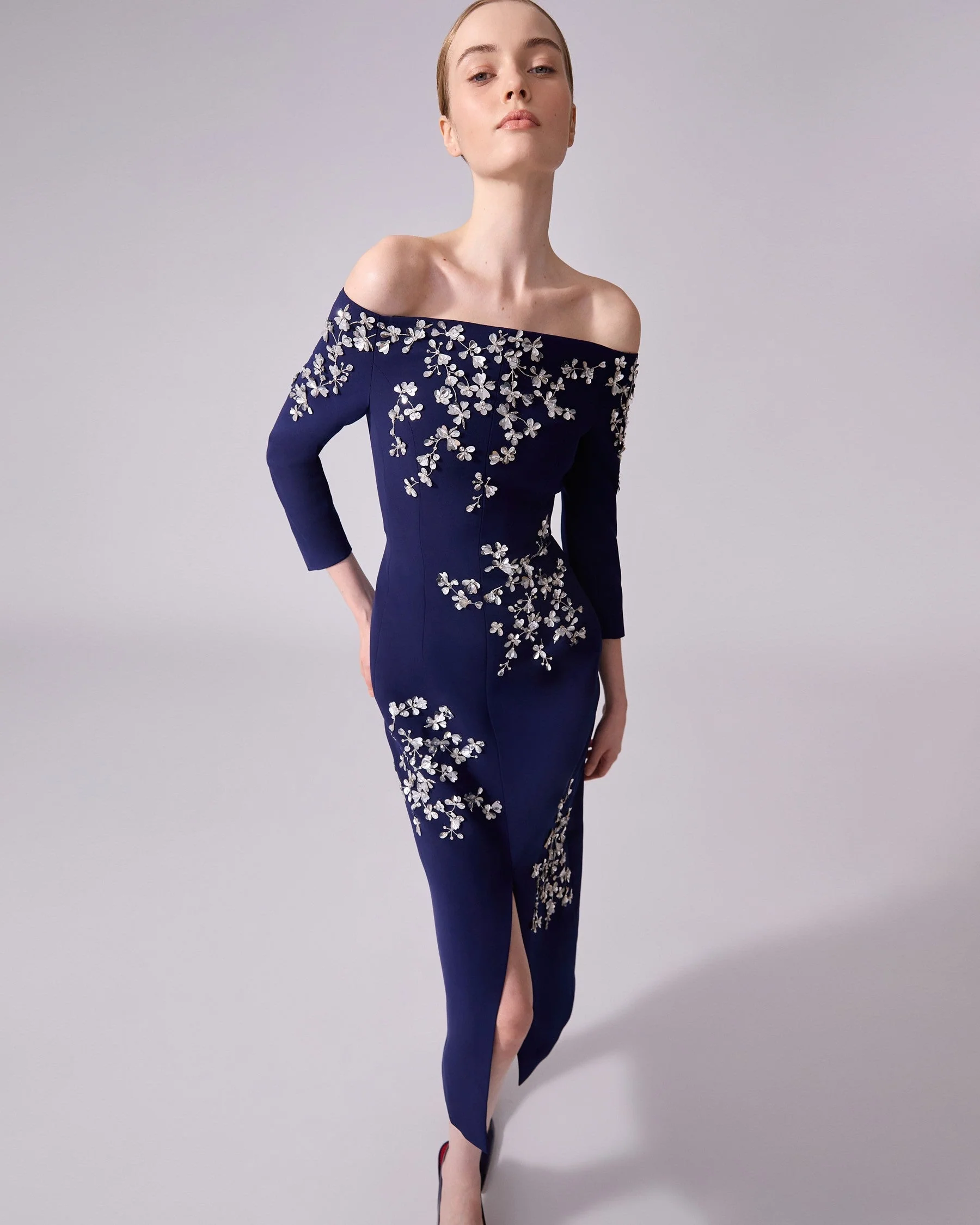 Embroidered Off Shoulder Midi Dress with Front Slit | Midnight - Image 4