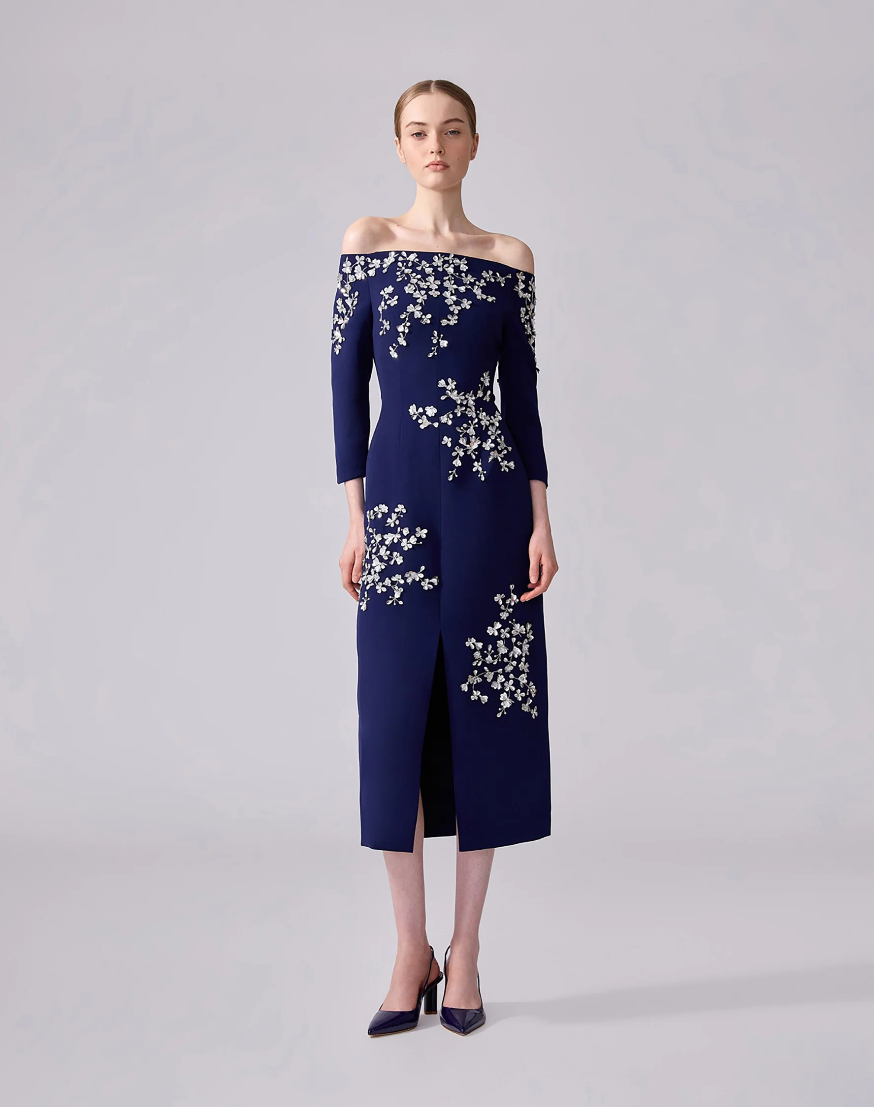 Embroidered Off Shoulder Midi Dress with Front Slit | Midnight - Image 5