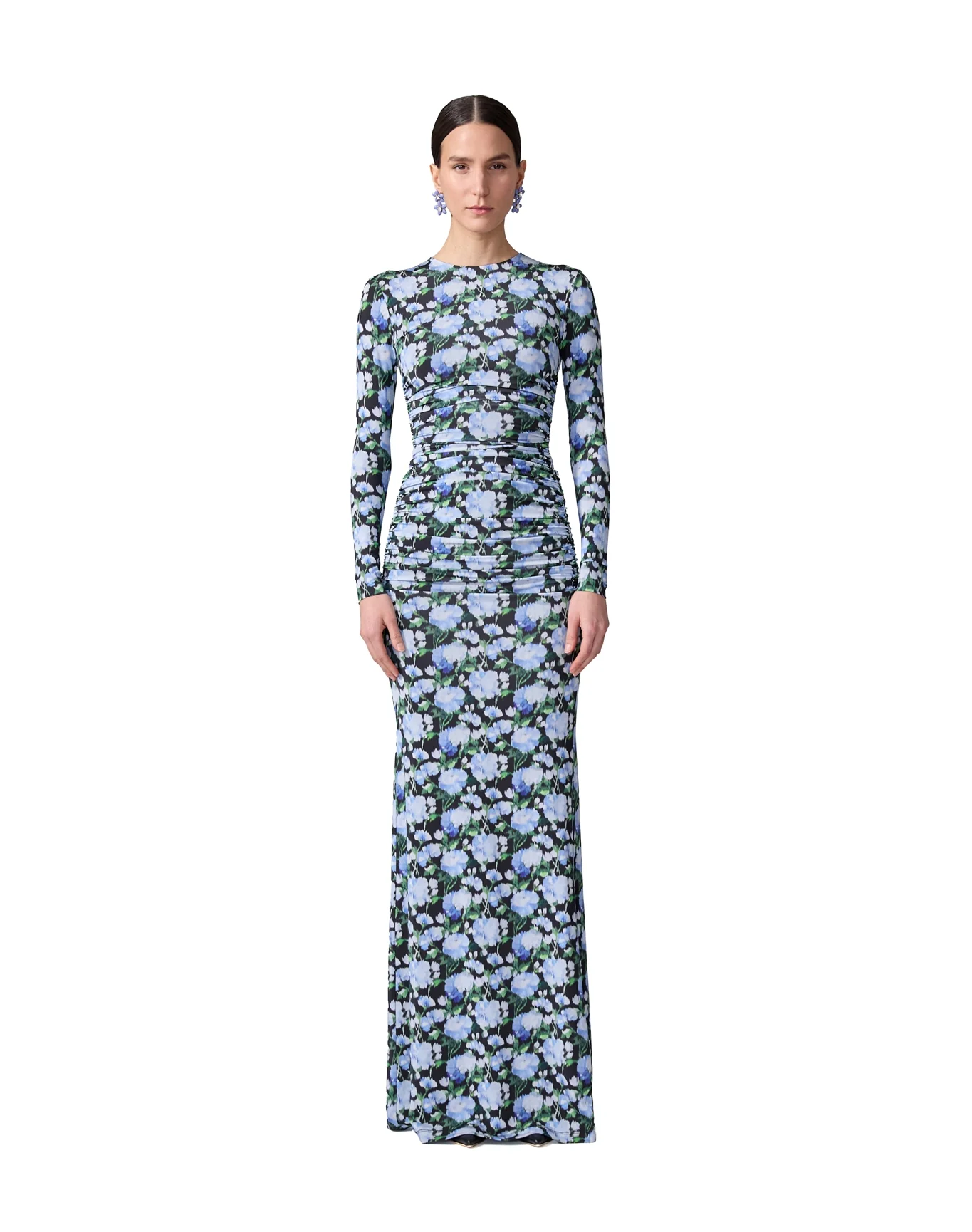 Long Sleeve Ruched Gown | Blue Multi - Image 3