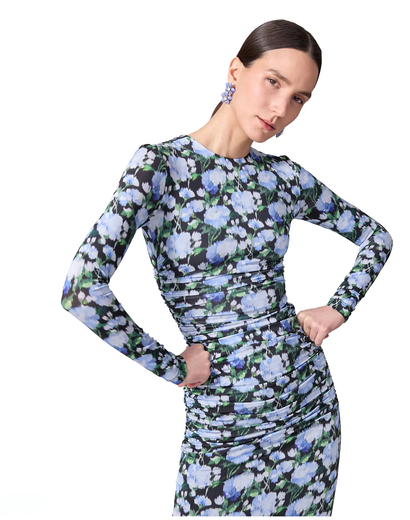 Long Sleeve Ruched Gown | Blue Multi - Image 5