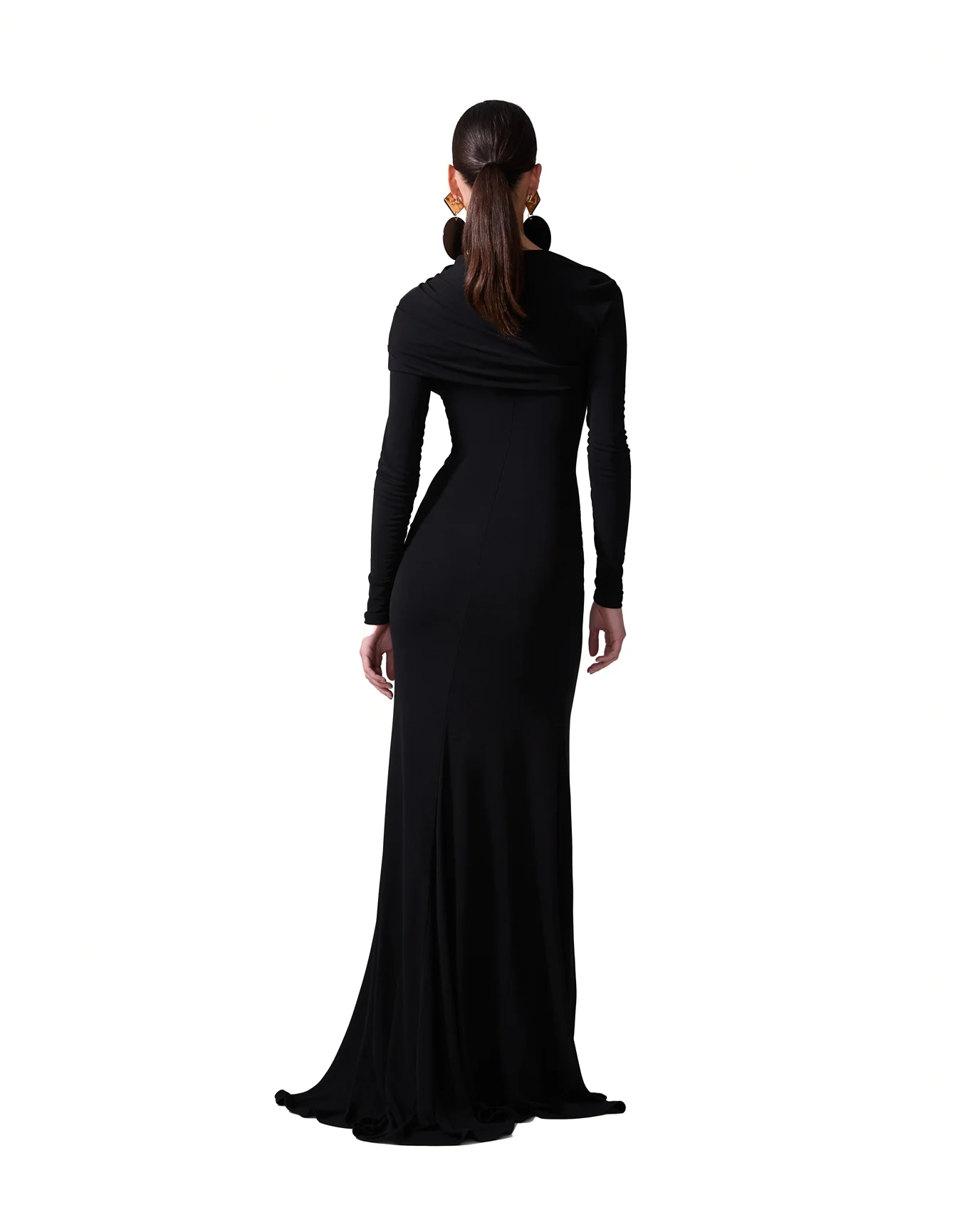 Long Sleeve Draped Gown with Slit | Black - Image 2