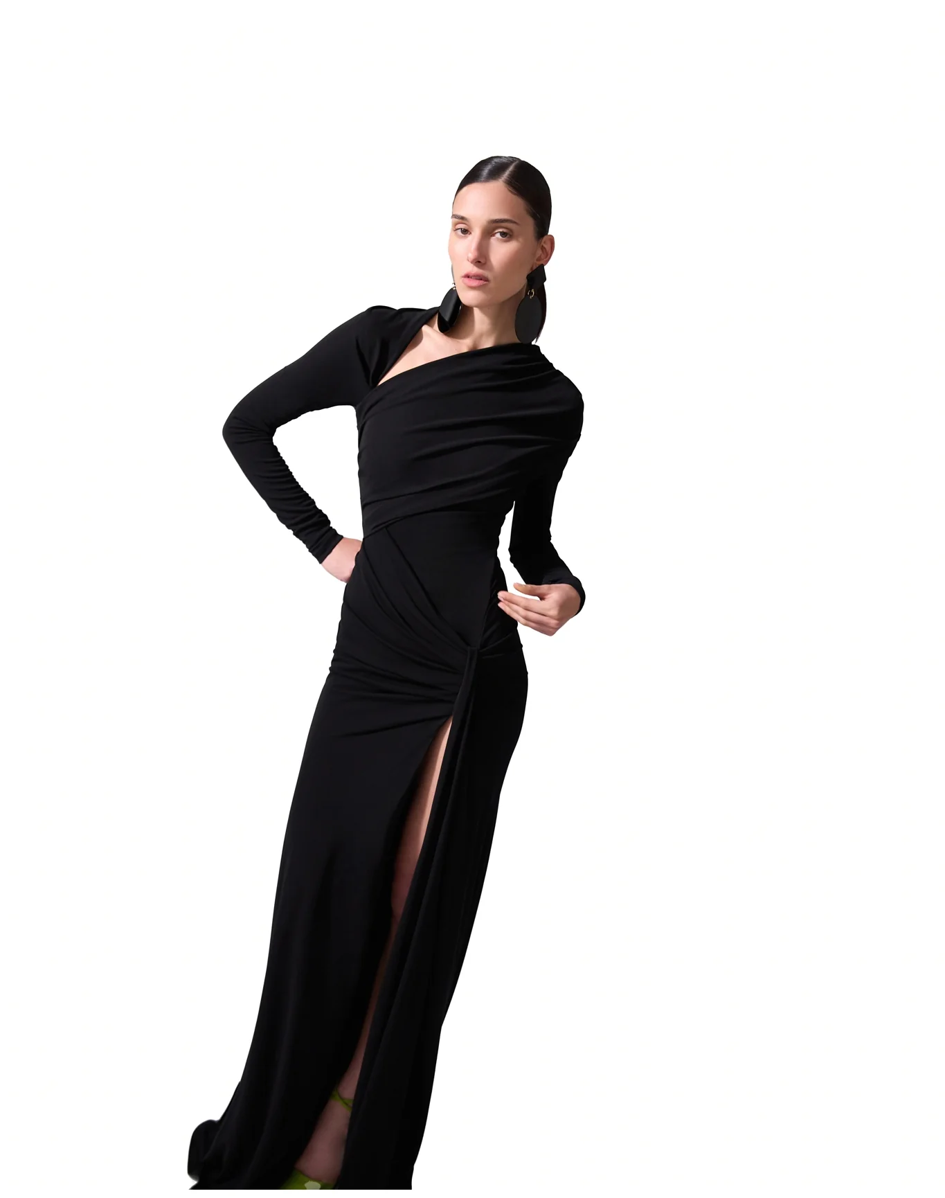 Long Sleeve Draped Gown with Slit | Black - Image 3