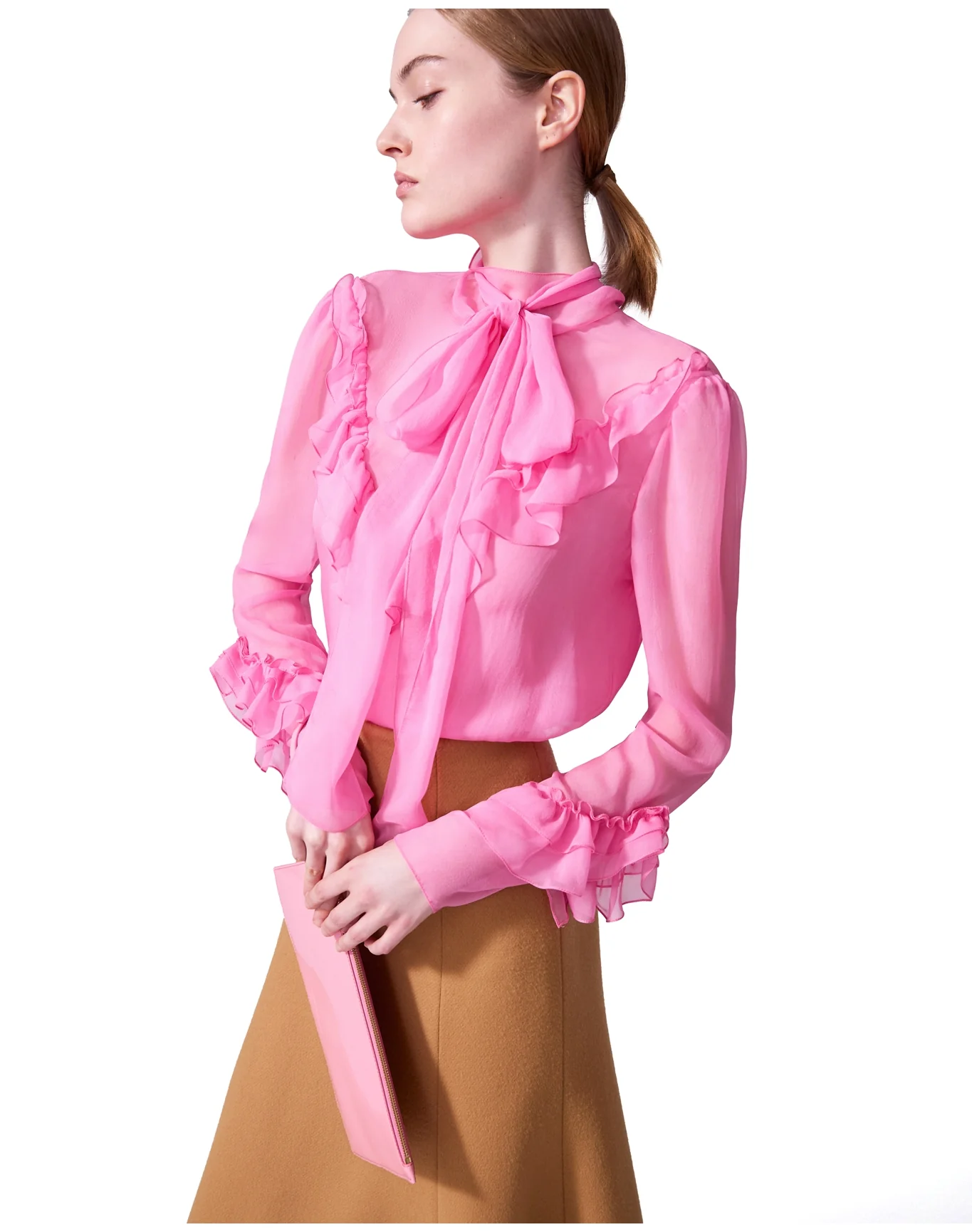 Long Sleeve Ruffled Turtleneck Top with Bow | Happy Pink - Image 3