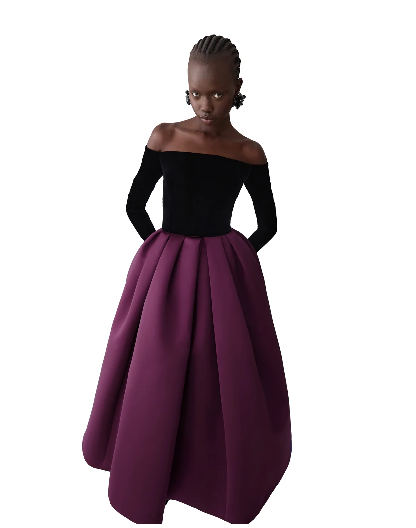 Off Shoulder Long Sleeve Midi Dress | Eggplant Multi - Image 2