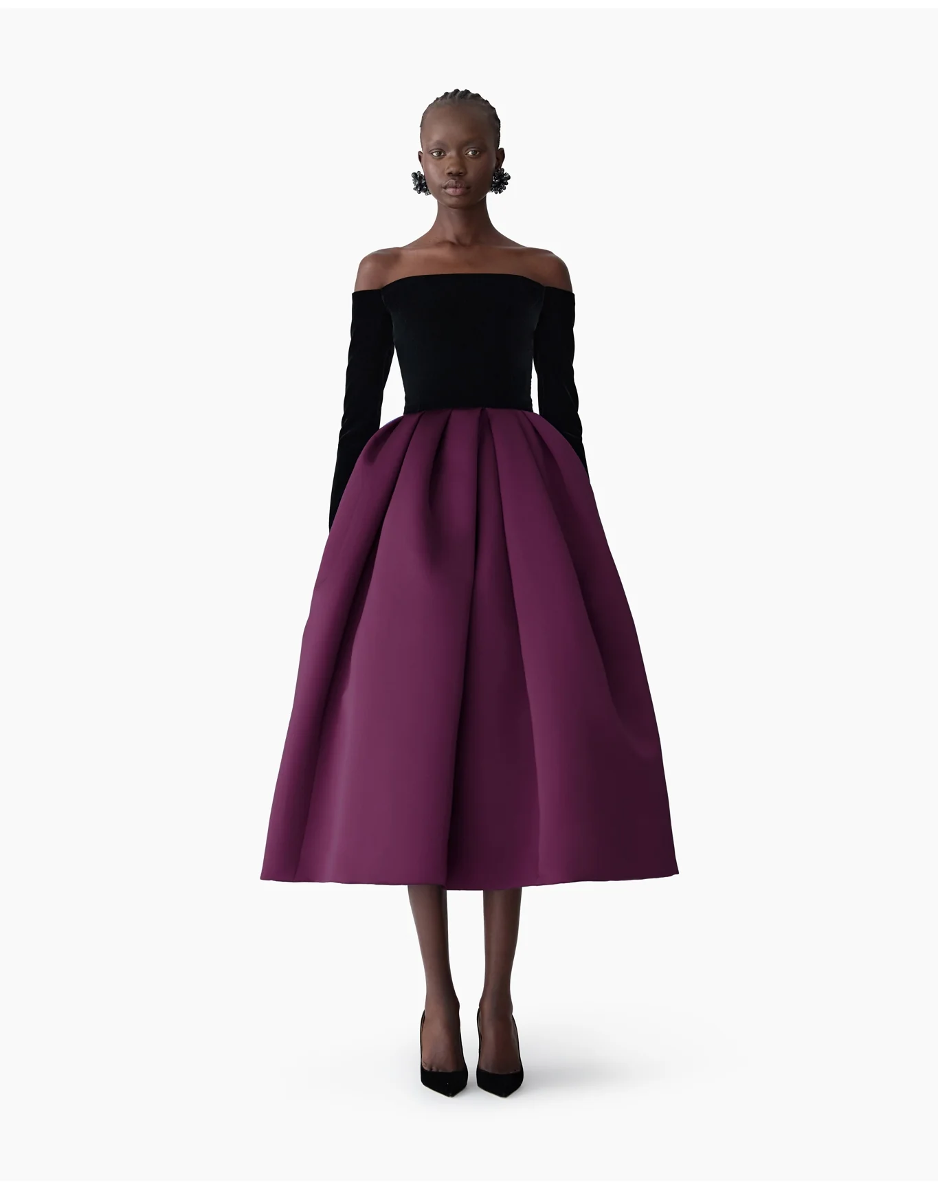 Off Shoulder Long Sleeve Midi Dress | Eggplant Multi - Image 4