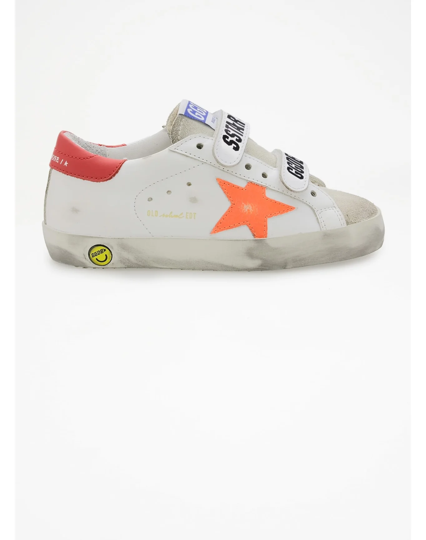 Kids | Old School Teen White Leather with Fluorescent Orange Star & Red Heel Tab | White x Ice x Orange Fluo x Cherry Red