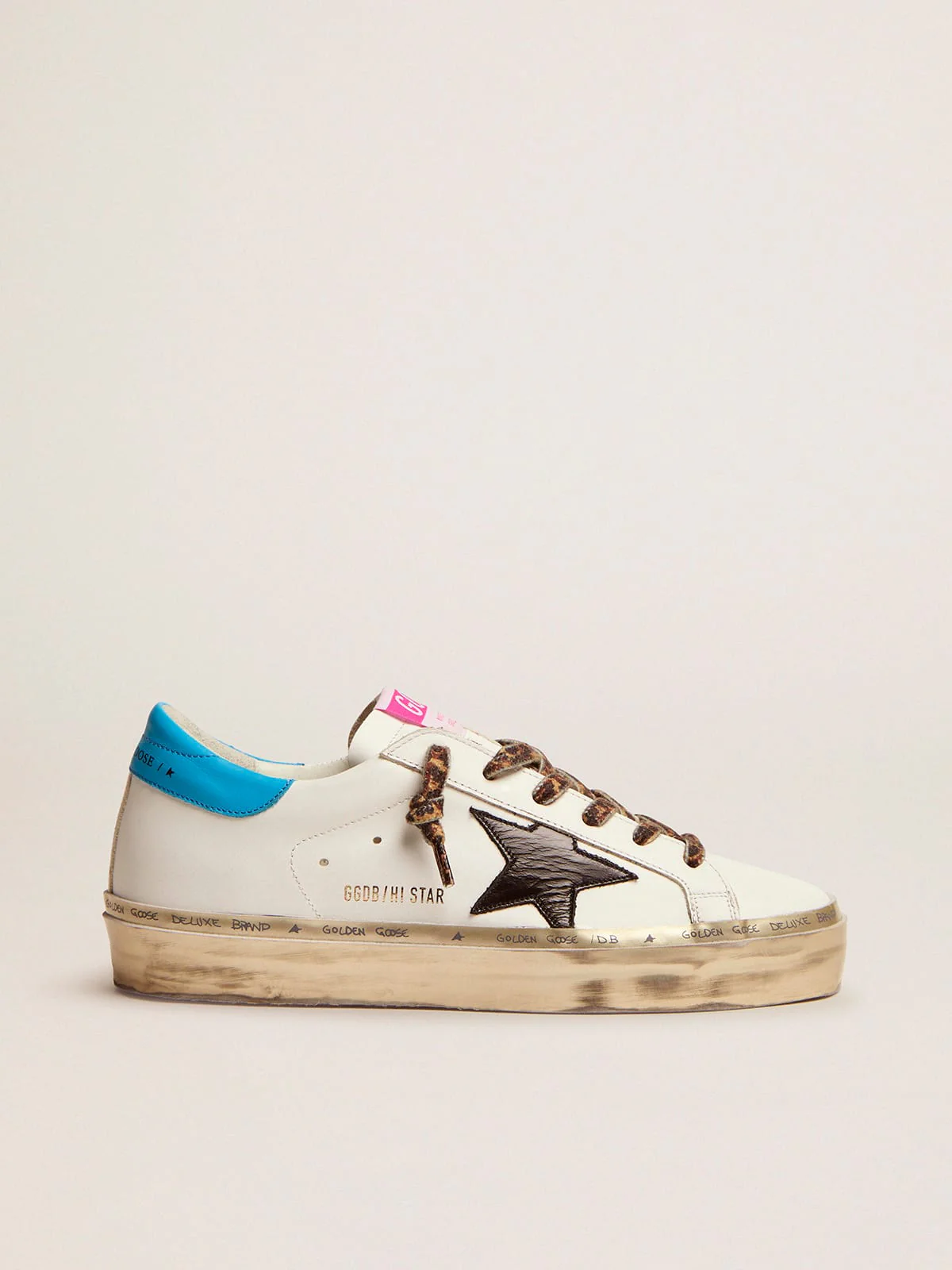 Women | Hi Star Sneakers White Leather with Black Star & Blue Electric Heel Tab | White x Black x Cyan Blue - Image 4