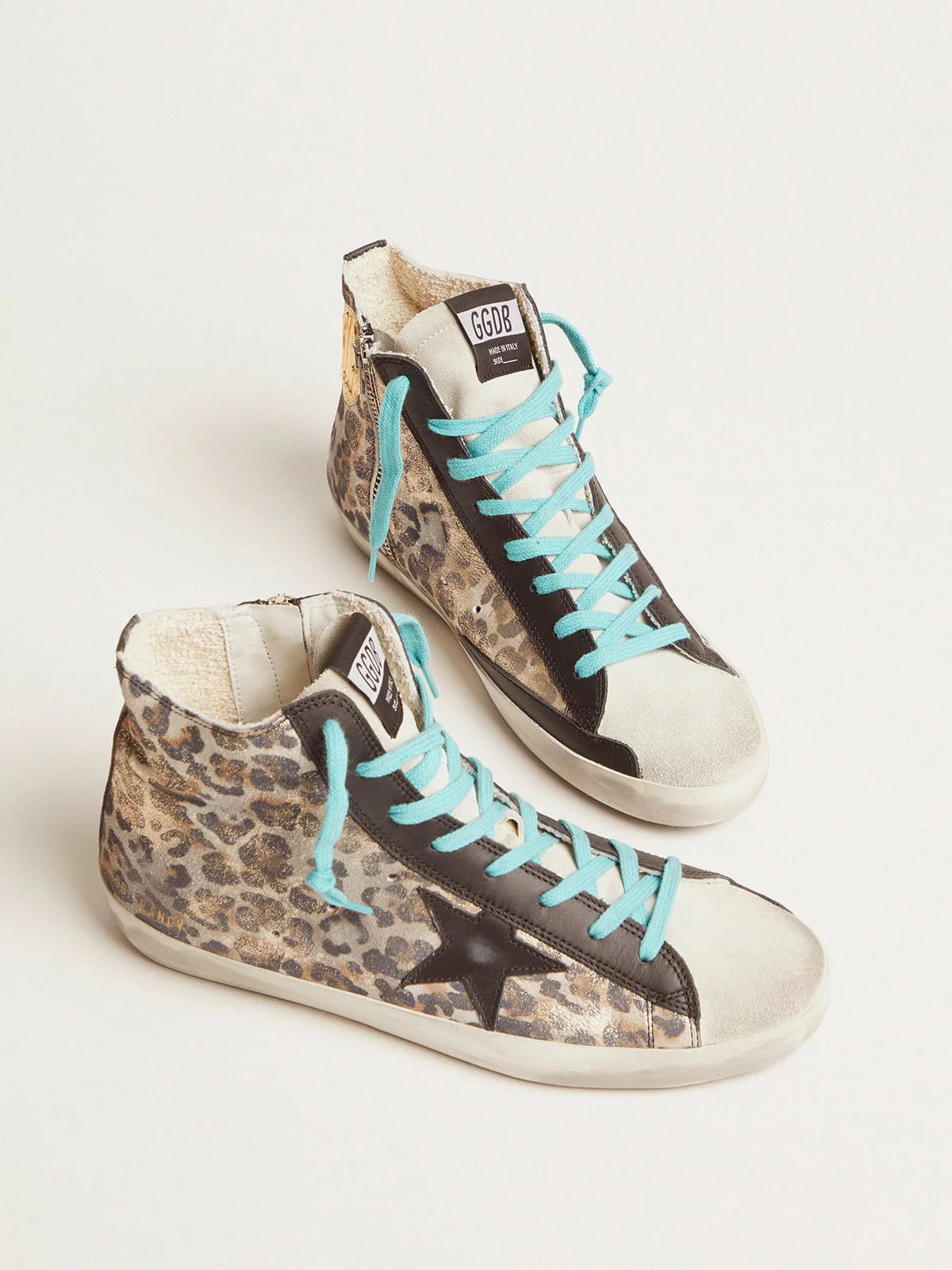 Women | Leopard-Print Francy Sneakers with Blue Laces | Beige Gold Leo x Ice x Black - Image 3