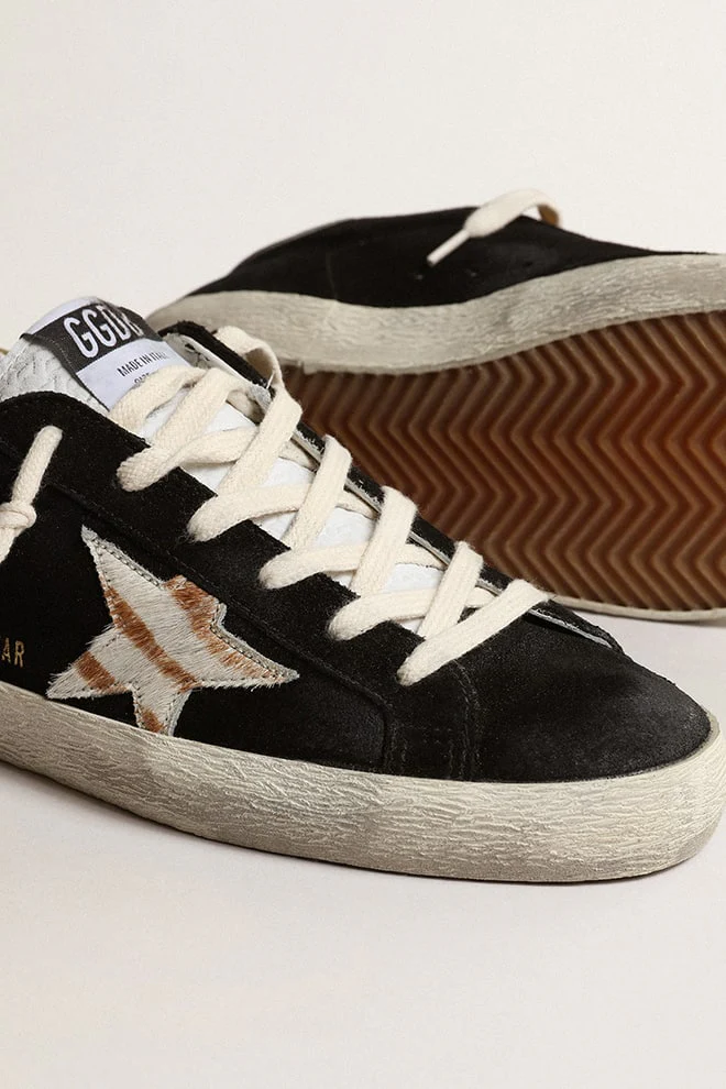 Women | Super-Star Black Suede with White/Beige Zebra Star & Gold Heel | Black x White x White Beige Zebra x Gold - Image 4