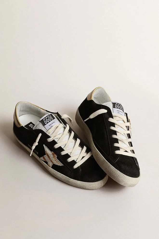 Women | Super-Star Black Suede with White/Beige Zebra Star & Gold Heel | Black x White x White Beige Zebra x Gold - Image 6