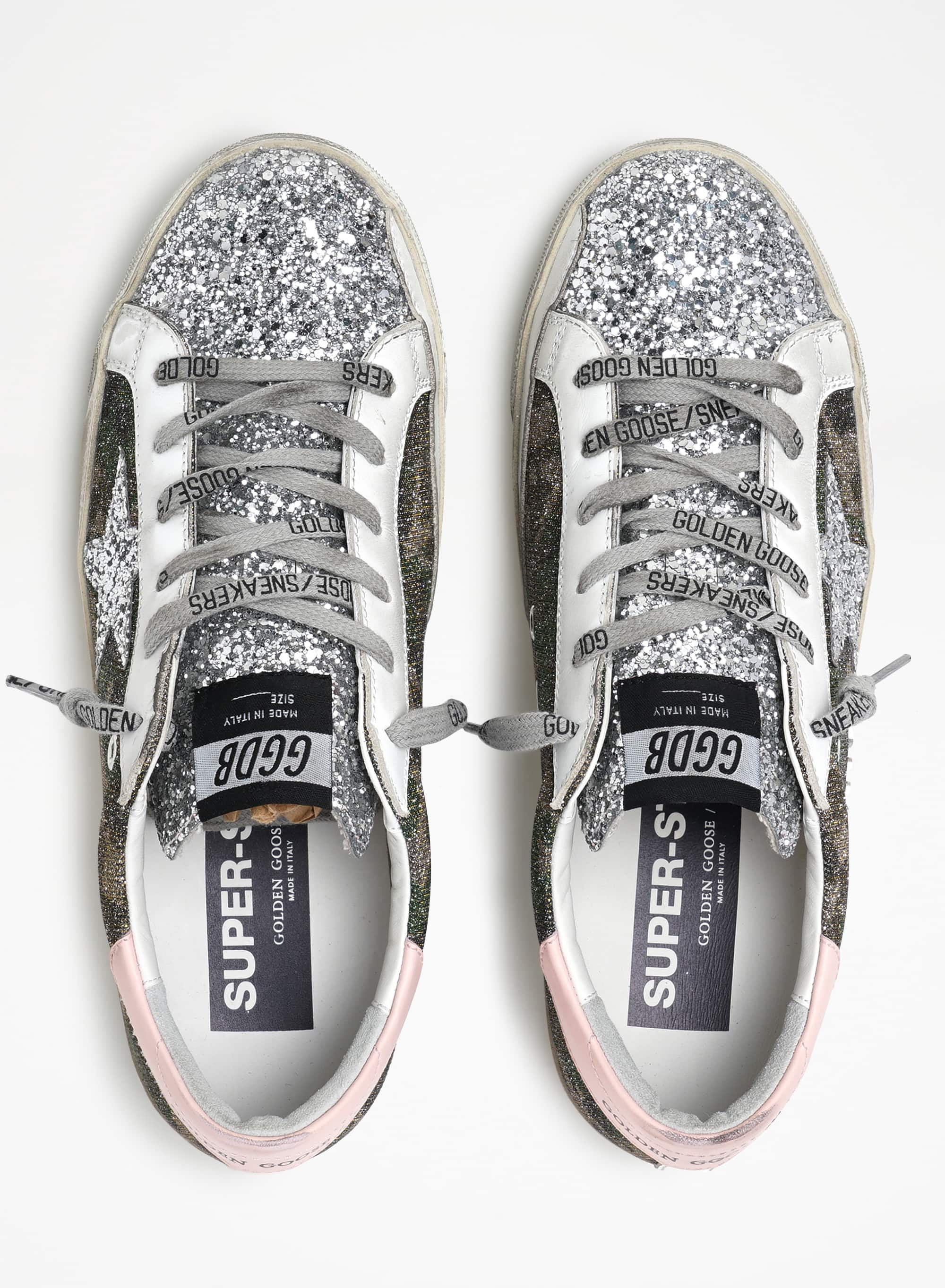 Women | Super-Star Sneakers Mimetic Glitter with Silver Glitter Star & Insert & Pink Leather Heel Tab | Green Camouflage x Silver x Pink x White - Image 4