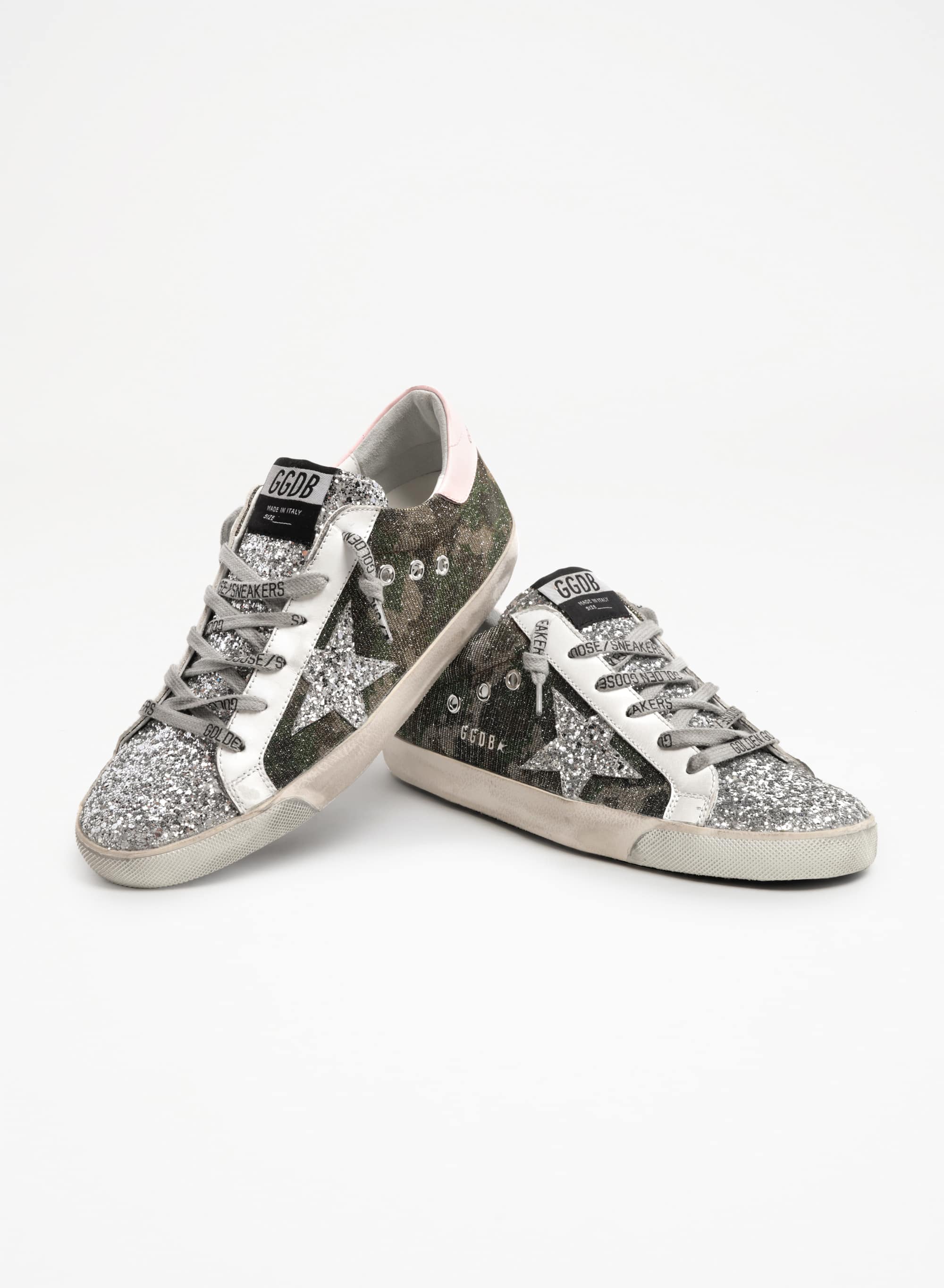 Women | Super-Star Sneakers Mimetic Glitter with Silver Glitter Star & Insert & Pink Leather Heel Tab | Green Camouflage x Silver x Pink x White - Image 8