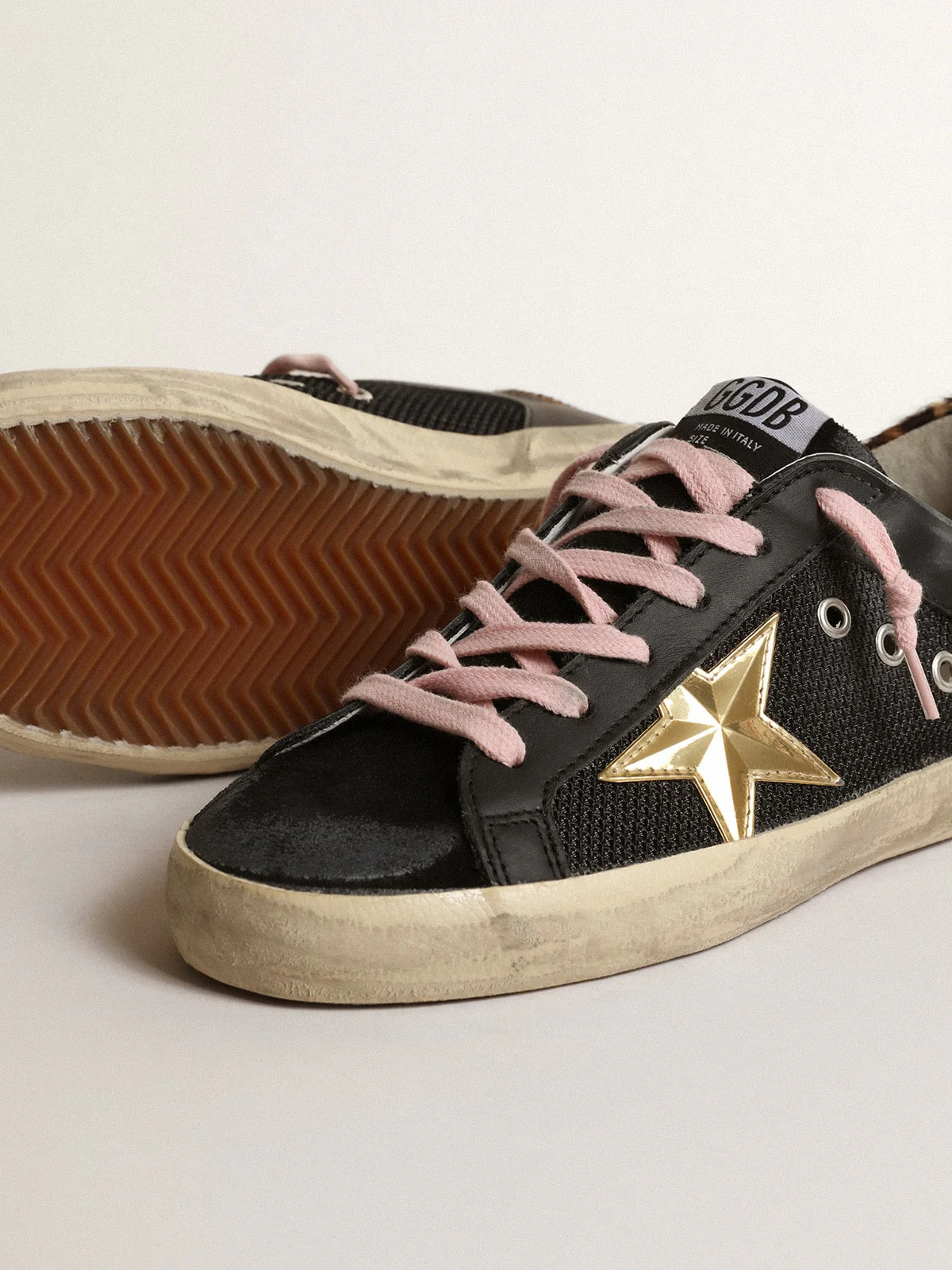 Women | Super-Star Sneakers Perforated Leather with Golden 3D Star | Black x Gold x Beige Brown Leo - Image 9