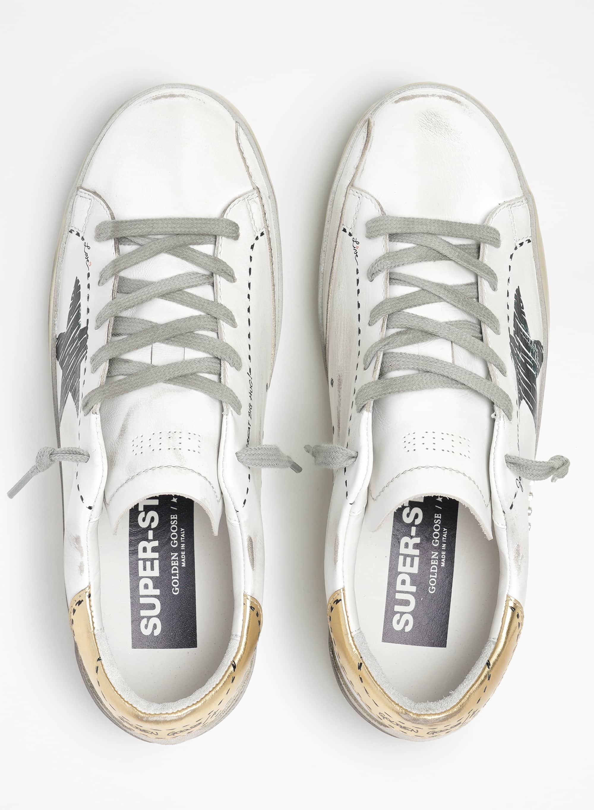 Women | Super-Star Sneakers White Leather with Black Sketched Star & Gold Leather Heel Tab | White x Black x Gold x Ice - Image 6