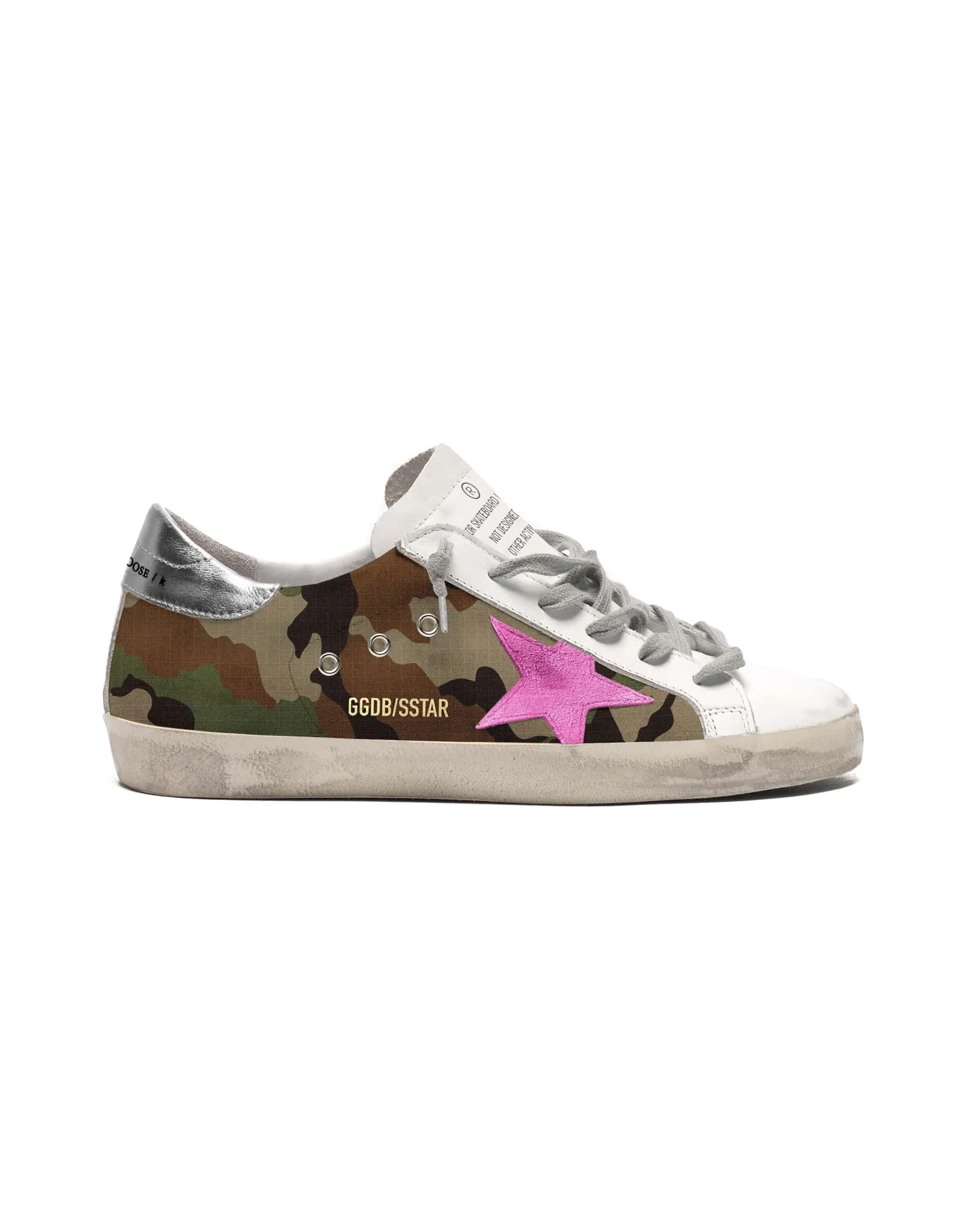Women | Super-Star Sneakers with Camouflage Pattern & Fuchsia Star | Green Camouflage x White x Fuchsia Fluo x Silver