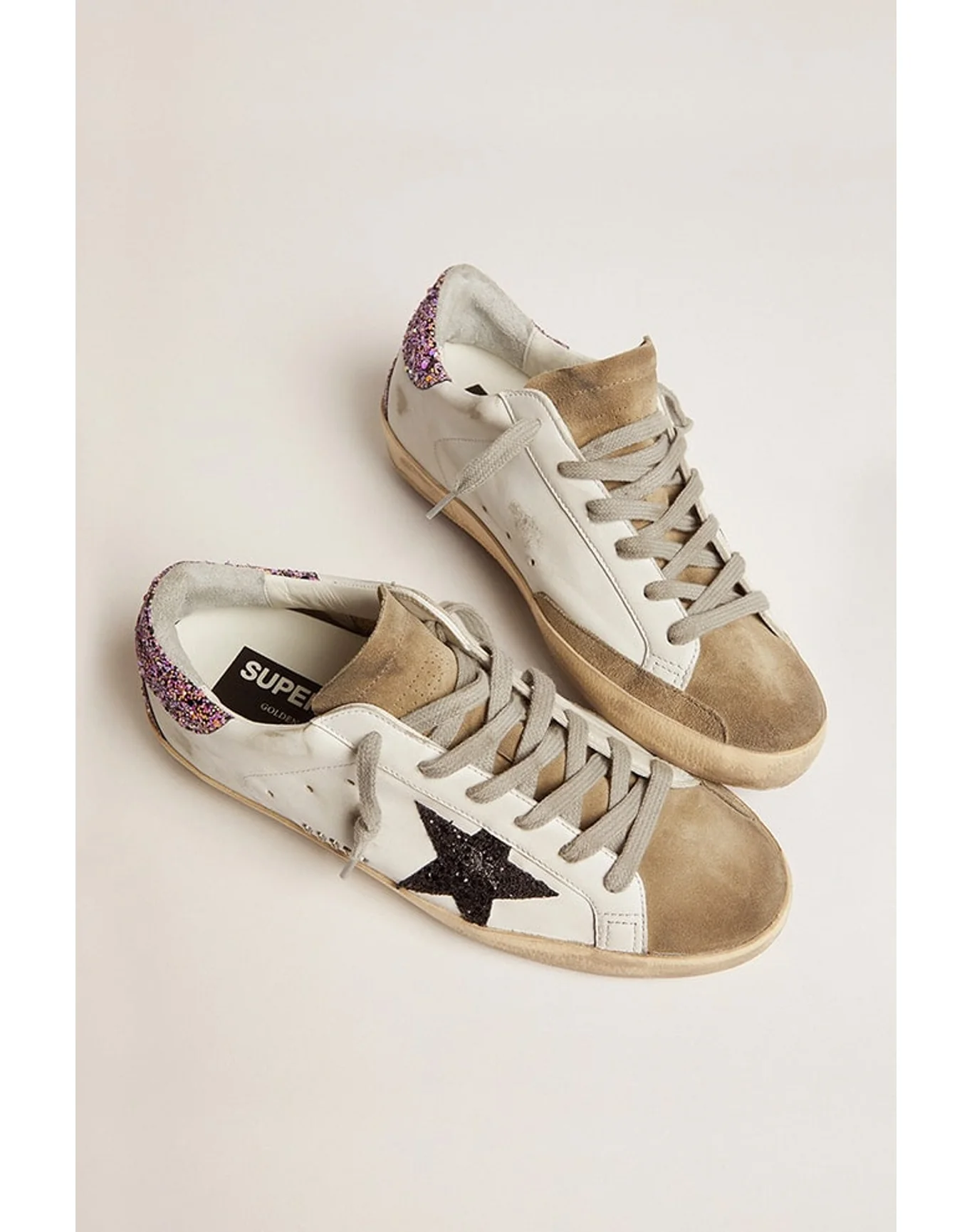 Women | Super-Star White Leather with Glitter Star & Heel Tab | White x Taupe x Fuxia Black